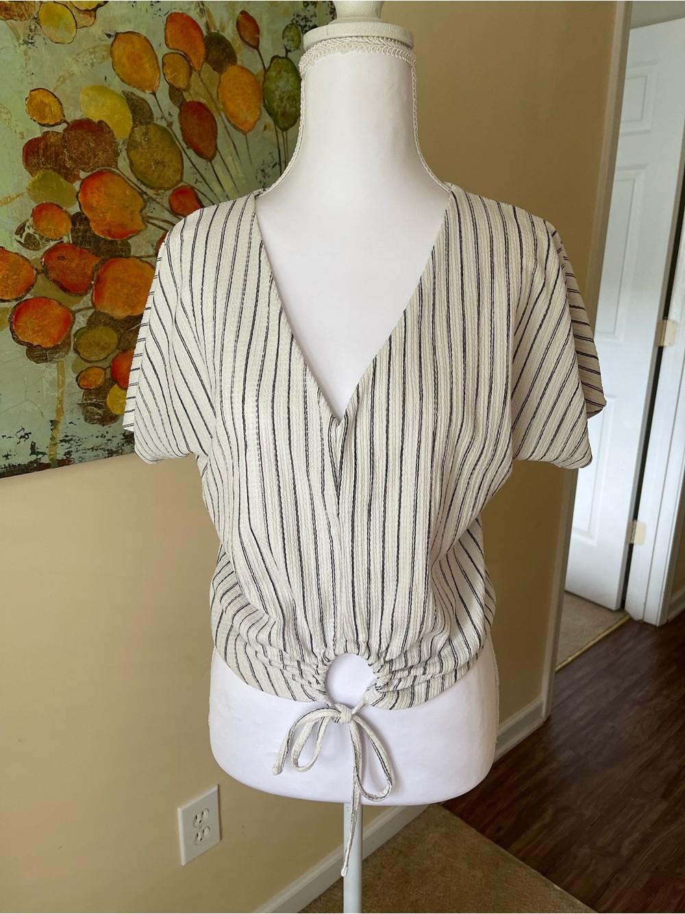 Zara Cream and Black Striped Tie-Front Crop Top